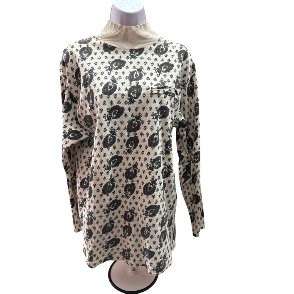 VTG ILIO Womens L top long sleeve paisley white blue floral high neck